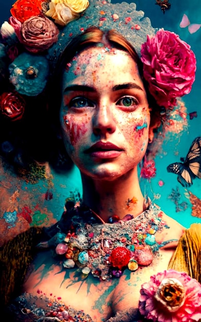 Kolorowy psychodeliczny portret różnorodnej młodej kobiety z farbą do twarzy i generatywną sztuczną inteligencją