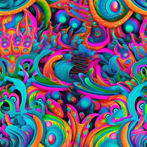 Kolorowy psychodeliczny wzór z napisem "psychedelic" na dole.