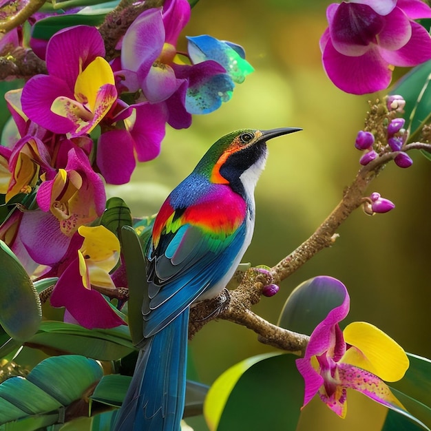 kolorowy ptak siedzący na gałęzi drzewa