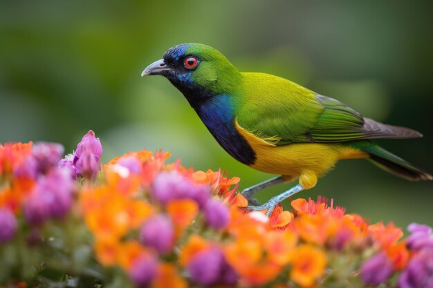 Kolorowy ptak siedzący na kwiatku z bujnym zielonym tłem stworzony za pomocą generatywnej sztucznej inteligencji