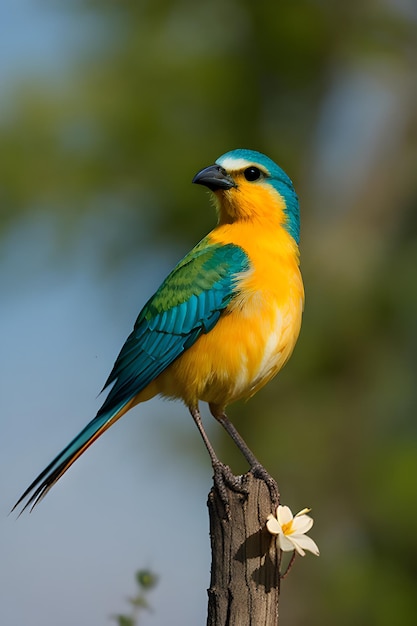 Zdjęcie kolorowy ptak siedzący na kwiecie