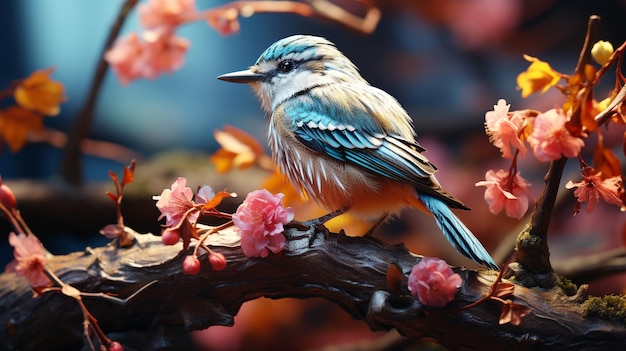 Kolorowy ptak siedzi na gałęzi w lesie z ładnymi liśćmi i kwiatami
