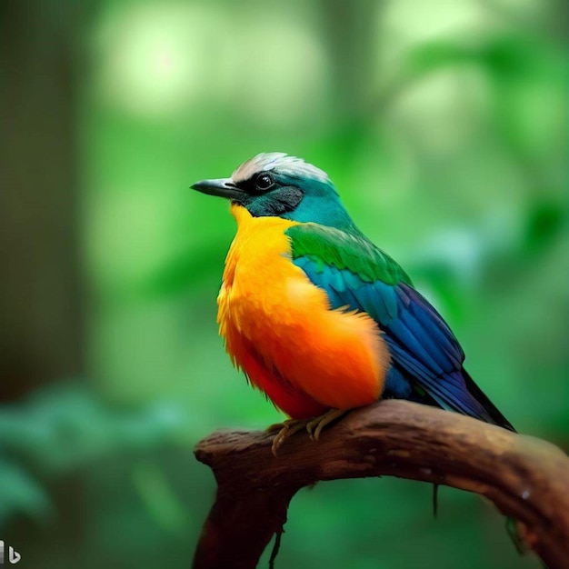 Kolorowy ptak siedzi na gałęzi w lesie.