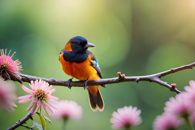 Kolorowy ptak siedzi na gałęzi z kwiatami w tle.