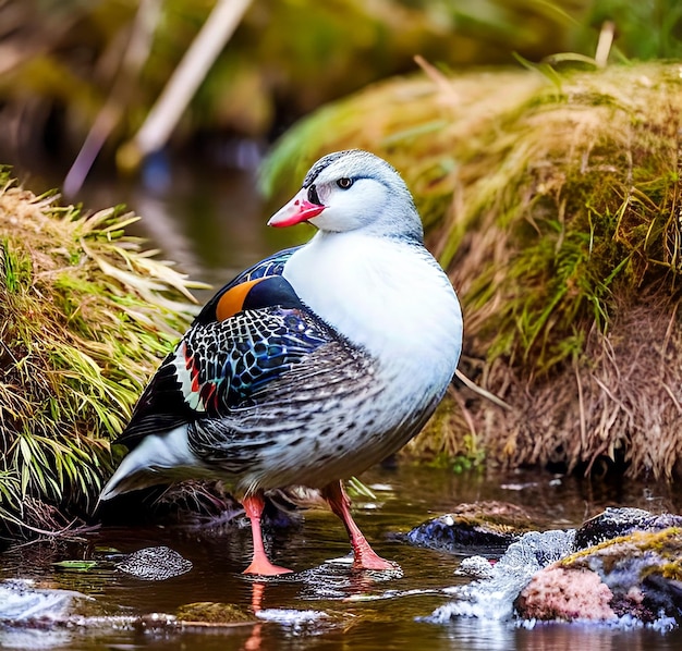 Kolorowy ptak stoi w rzece na tle natury Indianrunnerduck