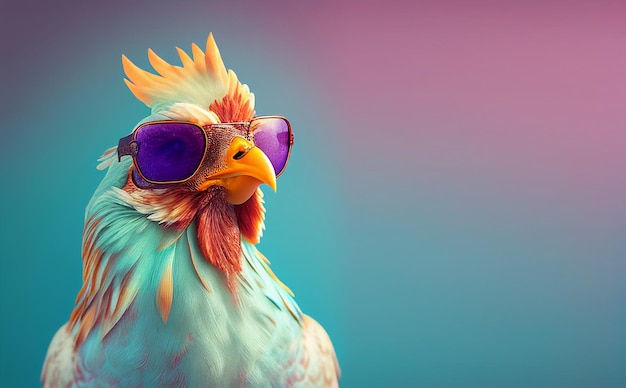 Kolorowy ptak w okularach przeciwsłonecznych i fioletowym i różowym tle
