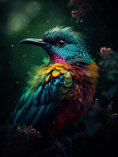 Kolorowy ptak z czarną głową i żółtym dziobem siedzi w ciemnym lesie.