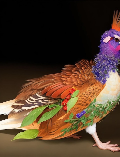 kolorowy ptak z fioletową i pomarańczową głową i piórami