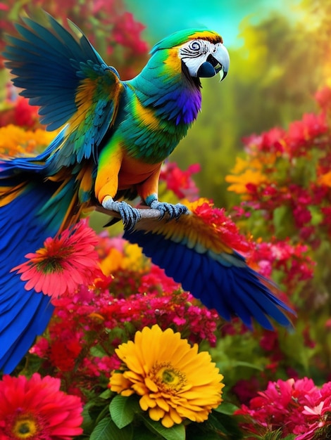 Kolorowy ptak z kolorowym ogonem lata w powietrzu.