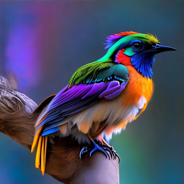 Kolorowy ptak z wielobarwną głową i niebieską głową siedzi na gałęzi.