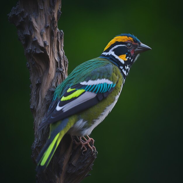 Kolorowy ptak z zielonymi i żółtymi skrzydłami siedzi na drzewie.