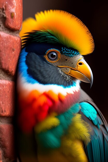 Kolorowy ptak z żółtą głową i niebieskimi piórami