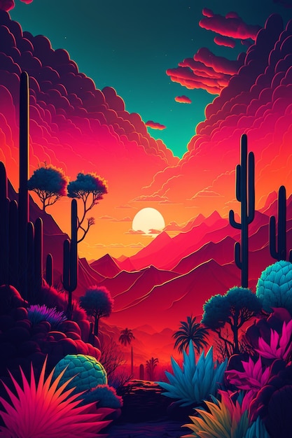 Kolorowy pustynny krajobraz z kaktusami i górami.