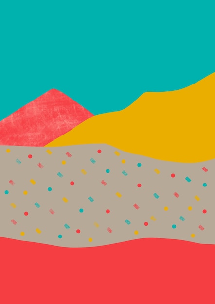 Kolorowy, ręcznie malowany abstrakcyjny krajobraz z nadrukiem plakatu z górami