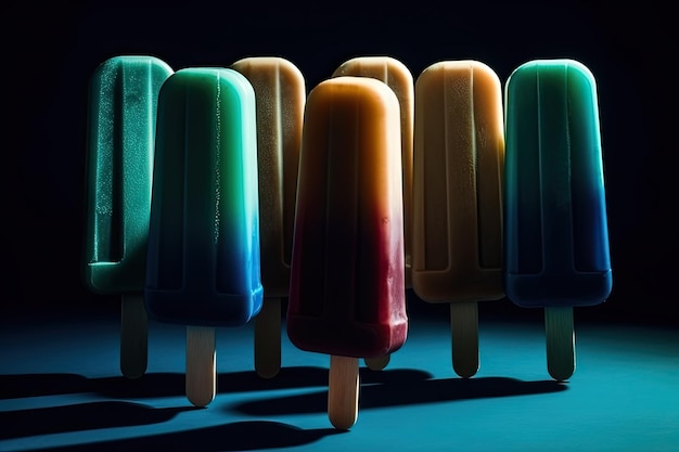 Zdjęcie kolorowy ręcznie robiony popsicle wyświetlany na ciemnym tle generative ai