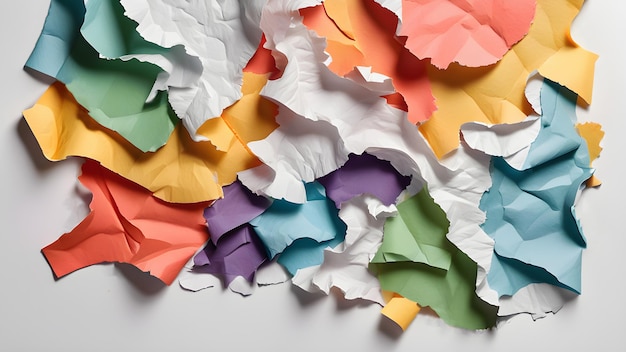 Kolorowy, rozdarty papier tworzy ramkę z wygenerowanym przez AI obrazem i papierem.