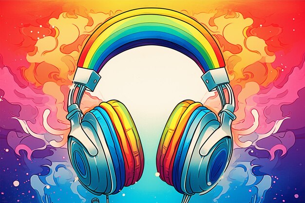 Kolorowy rysunek słuchawki z tęczą