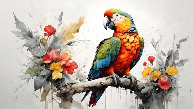 Kolorowy rysunek tuszem papugi siedzącej na gałęzi drzewa w tle akwareli