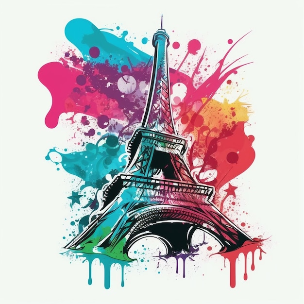 Kolorowy rysunek wieży Eiffla z kolorami tęczy.