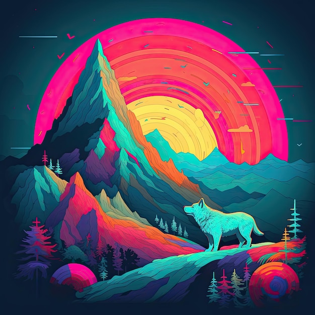 Kolorowy rysunek wyjącego wilka na wzgórzu z księżycem w tle Generacyjna sztuczna inteligencja