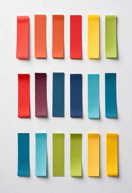 Zdjęcie kolorowy rząd kolorowych kawałków papieru jest ustawiony na białej powierzchni