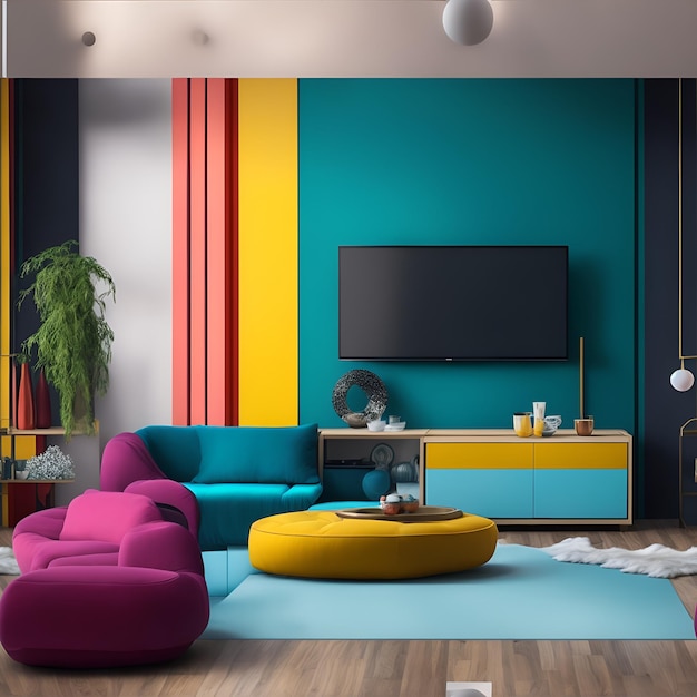 Kolorowy salon z nowoczesnym minimalistycznym designem