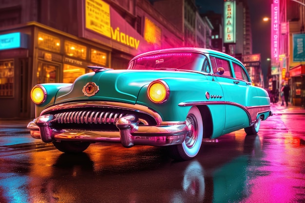 Kolorowy samochód retro na nocnej ulicy z neonami Generative AI