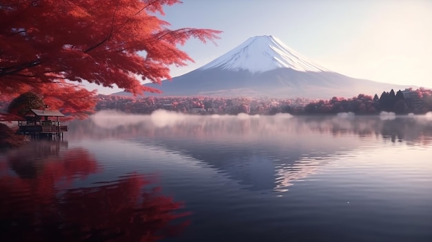 Kolorowy sezon jesienny i góra Fuji z poranną mgłą i czerwonymi liśćmi nad jeziorem Kawaguchi K w Japonii