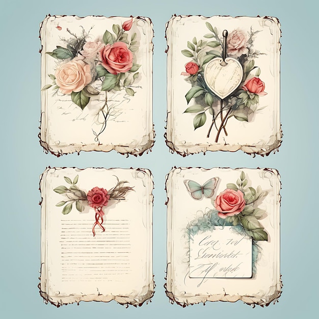 Kolorowy Shabby Chic List miłosny Nędzny Papier Materiał Vintage Wo Art Dekor ilustracja płaska2D