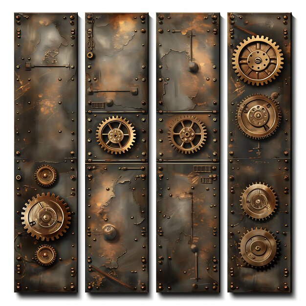 Kolorowy Steampunk Contraption Display Panel Design z ilustracją mosiężnych biegów