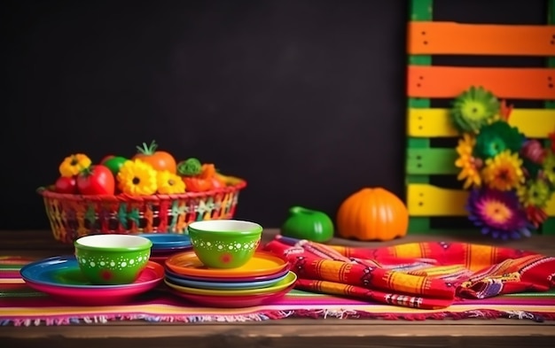 Kolorowy stół ze stosem kolorowych talerzy, miseczek i stosem kolorowych talerzy z kolorowymi warzywami.