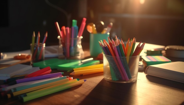Kolorowy stos ołówków i kredek na drewnianym stole wygenerowany przez sztuczną inteligencję