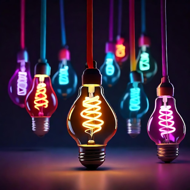 kolorowy świecący pomysł żarówka lampy wizualizacja burzy mózgów jasny pomysł i kreatywny AI