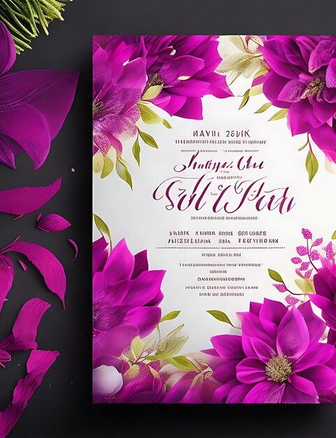 Kolorowy szablon zaproszenia ślubne z motywem kwiatowym w kolorze magenta, elegancki projekt w formacie A4