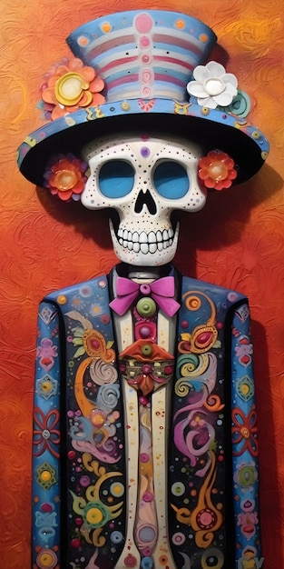 Zdjęcie kolorowy szkielet z muszką i kapeluszem