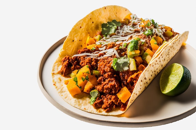 Kolorowy Tacos al Pastor na białym tle. Soczysta marynowana wieprzowina, świeży ananas i kolendra.