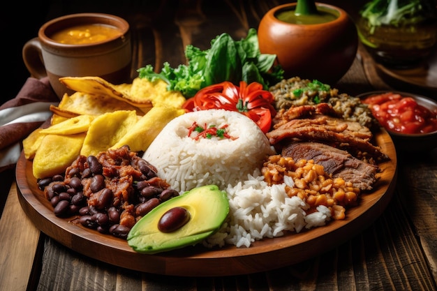 Zdjęcie kolorowy talerz kolumbijskiego jedzenia z asortymentem fasoli ryżowej i mięs
