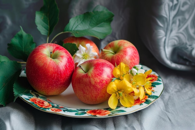 Kolorowy talerz z jabłkowymi kwiatami Generuj Ai