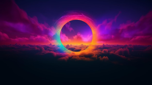Kolorowy tęczowy pierścień nad kolorowymi chmurami generatywne AI
