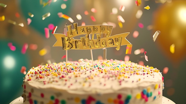 Kolorowy tort urodzinowy ze złotym banerem z okazji urodzin i spadającymi posypkami Generatywna sztuczna inteligencja