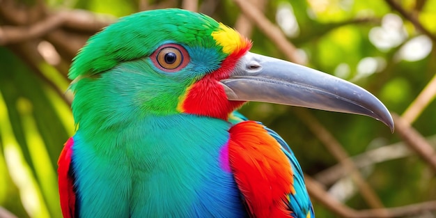 Kolorowy tropikalny ptak w dżungli w słoneczny dzień Ilustracja lasu deszczowego z jasną, piękną ptaszyną wśród egzotycznych roślin z dużymi liśćmi Tło z nieskazitelnym krajobrazem przyrody Generacyjna sztuczna inteligencja