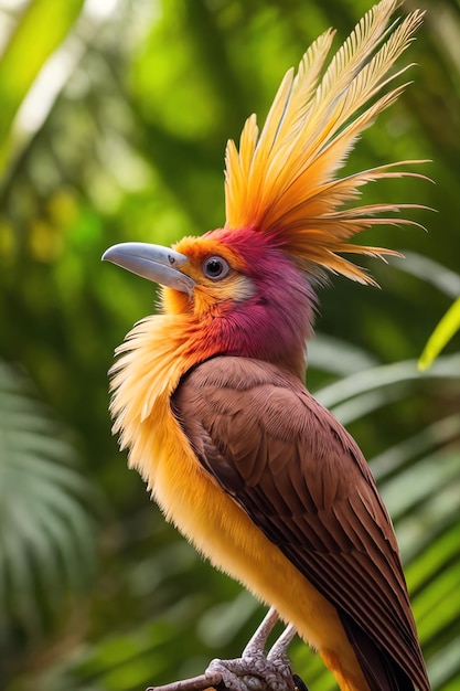 Zdjęcie kolorowy tropikalny ptak w dżungli w słoneczny dzień ilustracja lasu deszczowego z jasną, piękną ptaszyną wśród egzotycznych roślin z dużymi liśćmi tło z nieskazitelnym krajobrazem przyrody generacyjna sztuczna inteligencja