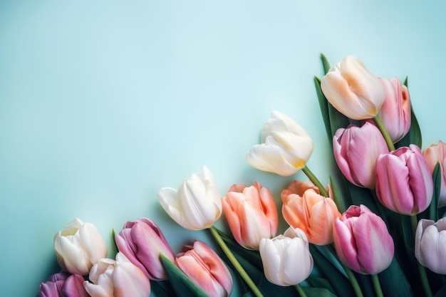 Kolorowy tulipanowy kwiat kopiuje przestrzeń w prostym pastelowym kolorze tła ai generowany