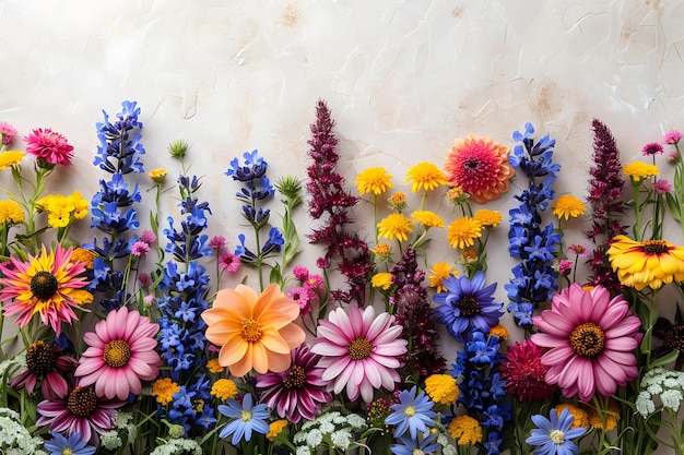 Kolorowy układ różnorodnych kwiatów ułożony na kremowym tle