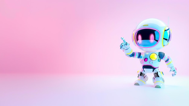 Kolorowy uroczy robot stojący na żywo różowym tle i wskazujący