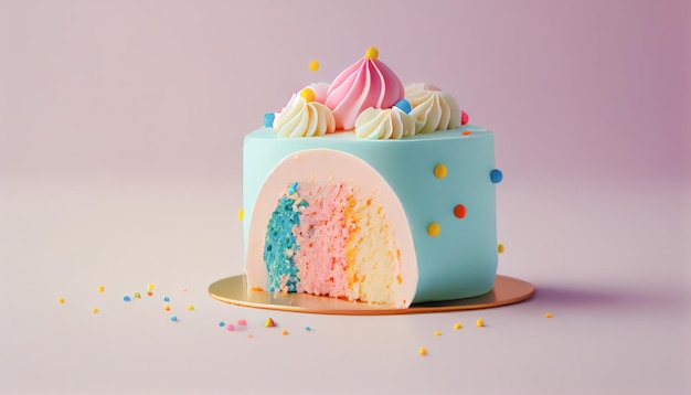 Kolorowy warstwowy tort urodzinowy z posypką na różowym tle