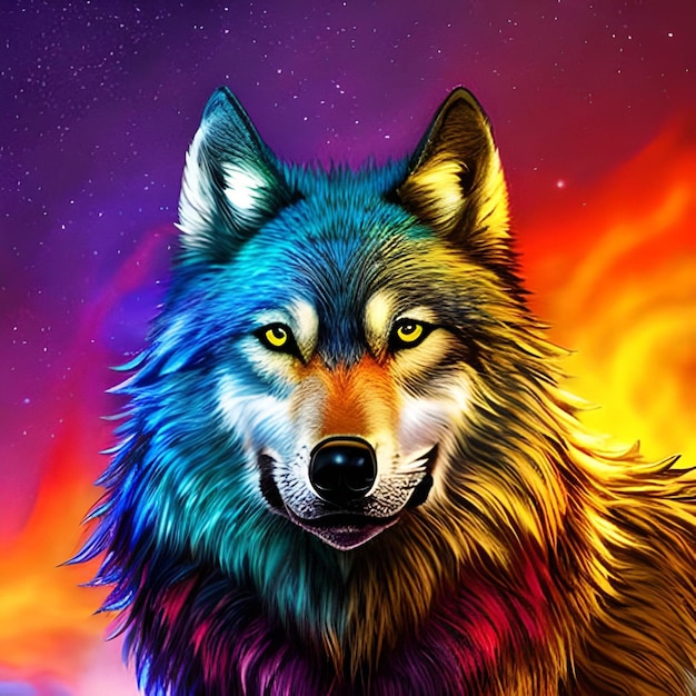Kolorowy wilk o niebieskiej twarzy i żółtych oczach.