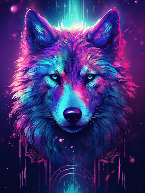Kolorowy wilk z niebieskim i fioletowym tłem.