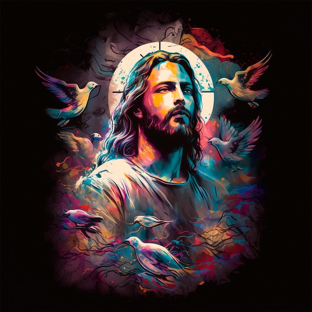 Kolorowy wizerunek Jezusa z ptakami na piersi