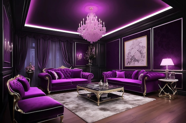 Kolorowy wnętrze salonu, projekt, aksamitny neon, kolor luksusowy.
